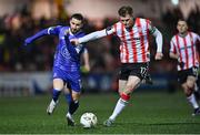 8 March 2024; Cameron McJannet of Derry City in action against Connor Parsons of Waterford during the SSE Airtricity Men's Premier Division match between Derry City and Waterford at The Ryan McBride Brandywell Stadium in Derry. Photo by Ramsey Cardy/Sportsfile