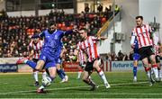 8 March 2024; Pádraig Amond  of Waterford in action against Michael Duffy of Derry City during the SSE Airtricity Men's Premier Division match between Derry City and Waterford at The Ryan McBride Brandywell Stadium in Derry. Photo by Ramsey Cardy/Sportsfile
