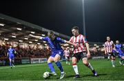 8 March 2024; Darragh Power of Waterford in action against Ben Doherty of Derry City during the SSE Airtricity Men's Premier Division match between Derry City and Waterford at The Ryan McBride Brandywell Stadium in Derry. Photo by Ramsey Cardy/Sportsfile