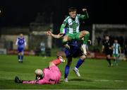 8 March 2024; Treaty United goalkeeper Corey Chambers makes a save from Callum Thompson of Bray Wanderers during the SSE Airtricity Men's First Division match between Treaty United and Bray Wanderers at Markets Field in Limerick. Photo by Michael P Ryan/Sportsfile