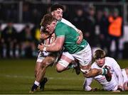 8 March 2024; Bryn Ward of Ireland is tackled by Josh Bellamy and Henry Pollock of England during the U20 Six Nations Rugby Championship match between England and Ireland at The Recreation Ground in Bath, England. Photo by Harry Murphy/Sportsfile