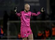 8 March 2024; Treaty United goalkeeper Corey Chambers celebrates his sides second goal, scored by Thomas Considine during the SSE Airtricity Men's First Division match between Treaty United and Bray Wanderers at Markets Field in Limerick. Photo by Michael P Ryan/Sportsfile