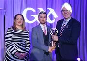 8 March 2024; Gerald Kelly of St Thomas', centre, is presented with his AIB GAA Club Hurling Team of the Year Award by AIB Head of Marketing Engagement Nuala Kroondijk and Uachtarán Chumann Lúthchleas Gael Jarlath Burns during the AIB GAA Club Players Awards, held at Croke Park in Dublin. Photo by Sam Barnes/Sportsfile