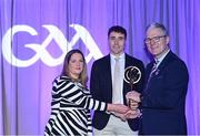 8 March 2024; Conor Cooney of St Thomas', centre, is presented with his AIB GAA Club Hurling Team of the Year Award by AIB Head of Marketing Engagement Nuala Kroondijk and Uachtarán Chumann Lúthchleas Gael Jarlath Burns during the AIB GAA Club Players Awards, held at Croke Park in Dublin. Photo by Sam Barnes/Sportsfile