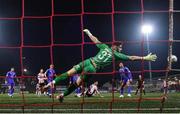 8 March 2024; Waterford goalkeeper Sam Sargeant fails to stop a shot at goal by Patrick Hoban of Derry City during the SSE Airtricity Men's Premier Division match between Derry City and Waterford at The Ryan McBride Brandywell Stadium in Derry. Photo by Ramsey Cardy/Sportsfile