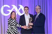 8 March 2024; Paul Mannion of Kilmacud Crokes, centre, is presented with the AIB Club Football Team of the Year Award by AIB Head of Marketing Engagement Nuala Kroondijk and Uachtarán Chumann Lúthchleas Gael Jarlath Burns during the AIB GAA Club Players Awards, held at Croke Park in Dublin. Photo by Sam Barnes/Sportsfile