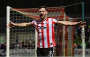 8 March 2024; Patrick Hoban of Derry City celebrates after scoring his side's third goal during the SSE Airtricity Men's Premier Division match between Derry City and Waterford at The Ryan McBride Brandywell Stadium in Derry. Photo by Ramsey Cardy/Sportsfile