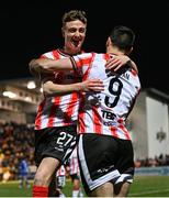 8 March 2024; Patrick Hoban of Derry City celebrates with teammate Daniel Kelly, left, after scoring their side's third goal during the SSE Airtricity Men's Premier Division match between Derry City and Waterford at The Ryan McBride Brandywell Stadium in Derry. Photo by Ramsey Cardy/Sportsfile