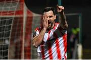 8 March 2024; Patrick Hoban of Derry City celebrates after scoring his side's third goal during the SSE Airtricity Men's Premier Division match between Derry City and Waterford at The Ryan McBride Brandywell Stadium in Derry. Photo by Ramsey Cardy/Sportsfile