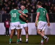 8 March 2024; Ireland players, from left, Patreece Bell, Ben O'Connor and Bryn Ward after the U20 Six Nations Rugby Championship match between England and Ireland at The Recreation Ground in Bath, England. Photo by Harry Murphy/Sportsfile