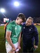 8 March 2024; Ireland head coach Richie Murphy speaks to his son Jack Murphy of Ireland after the U20 Six Nations Rugby Championship match between England and Ireland at The Recreation Ground in Bath, England. Photo by Harry Murphy/Sportsfile