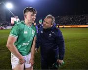 8 March 2024; Ireland head coach Richie Murphy speaks to his son Jack Murphy of Ireland after the U20 Six Nations Rugby Championship match between England and Ireland at The Recreation Ground in Bath, England. Photo by Harry Murphy/Sportsfile