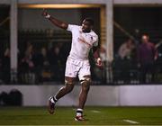 8 March 2024; Junior Kpoku of England celebrates his side's fourth try during the U20 Six Nations Rugby Championship match between England and Ireland at The Recreation Ground in Bath, England. Photo by Harry Murphy/Sportsfile