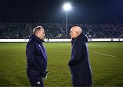 8 March 2024; Ireland head coach Richie Murphy and England head coach Mark Mapletoft speak after the U20 Six Nations Rugby Championship match between England and Ireland at The Recreation Ground in Bath, England. Photo by Harry Murphy/Sportsfile