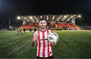 8 March 2024; Patrick Hoban of Derry City with the match ball, after scoring a hat-trick, in the SSE Airtricity Men's Premier Division match between Derry City and Waterford at The Ryan McBride Brandywell Stadium in Derry. Photo by Ramsey Cardy/Sportsfile