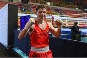 8 March 2024; Jude Gallagher of Ireland celebrates after his victory in the Men's 57kg Round of 32 bout against Uddin Mohammed Hussam of India during day six at the Paris 2024 Olympic Boxing Qualification Tournament at E-Work Arena in Busto Arsizio, Italy. Photo by Ben McShane/Sportsfile