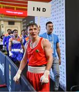8 March 2024; Jude Gallagher of Ireland after his victory in their Men's 57kg Round of 32 bout against Uddin Mohammed Hussam of India during day six at the Paris 2024 Olympic Boxing Qualification Tournament at E-Work Arena in Busto Arsizio, Italy. Photo by Ben McShane/Sportsfile