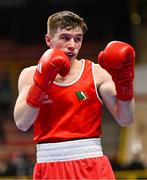8 March 2024; Jude Gallagher of Ireland during their Men's 57kg Round of 32 bout against Uddin Mohammed Hussam of India during day six at the Paris 2024 Olympic Boxing Qualification Tournament at E-Work Arena in Busto Arsizio, Italy. Photo by Ben McShane/Sportsfile