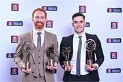 8 March 2024; AIB GAA Club Footballer of the Year Conor Glass, left, and AIB GAA Club Hurler of the Year Paddy Deegan with their awards during the AIB GAA Club Players Awards, held at Croke Park in Dublin. Photo by Sam Barnes/Sportsfile