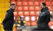 8 March 2024; Derry City manager Ruaidhrí Higgins, right, and coach Conor Loughrey before the SSE Airtricity Men's Premier Division match between Derry City and Waterford at The Ryan McBride Brandywell Stadium in Derry. Photo by Ramsey Cardy/Sportsfile