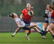 9 March 2024; Jill Johnston of MICL and Roisin Rodgers of ATU Sligo collide during the 2024 Ladies HEC Moynihan Cup final match between Atlantic Technological University Sligo and Mary Immaculate College Limerick at MTU Cork. Photo by Brendan Moran/Sportsfile