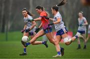 9 March 2024; Kate Kennedy of MICL in action against Lily Monaghan and Ellis Keane of ATU Sligo during the 2024 Ladies HEC Moynihan Cup final match between Atlantic Technological University Sligo and Mary Immaculate College Limerick at MTU Cork. Photo by Brendan Moran/Sportsfile