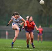 9 March 2024; Niamh Boyle of ATU Sligo in action against Kate Kennedy of MICL during the 2024 Ladies HEC Moynihan Cup final match between Atlantic Technological University Sligo and Mary Immaculate College Limerick at MTU Cork. Photo by Brendan Moran/Sportsfile