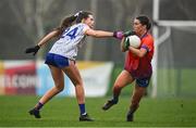 9 March 2024; Kate Kennedy of MICL in action against Lily Monaghan of ATU Sligo during the 2024 Ladies HEC Moynihan Cup final match between Atlantic Technological University Sligo and Mary Immaculate College Limerick at MTU Cork. Photo by Brendan Moran/Sportsfile