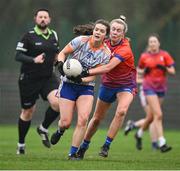9 March 2024; Niamh Boyle of ATU Sligo is tackled by Ciara Hynes of MICL during the 2024 Ladies HEC Moynihan Cup final match between Atlantic Technological University Sligo and Mary Immaculate College Limerick at MTU Cork. Photo by Brendan Moran/Sportsfile
