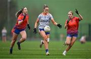 9 March 2024; Ellis Keane of ATU Sligo in action against AvaJayne Mcloughlin and Andrea O’Connell of MICL during the 2024 Ladies HEC Moynihan Cup final match between Atlantic Technological University Sligo and Mary Immaculate College Limerick at MTU Cork. Photo by Brendan Moran/Sportsfile
