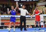 9 March 2024; Chelsey Heijnen of Netherlands, left, is declared victorious over Miroslava Jedinakova of Slovakia after their Women's 60kg Semi-finals bout during day seven at the Paris 2024 Olympic Boxing Qualification Tournament at E-Work Arena in Busto Arsizio, Italy. Photo by Ben McShane/Sportsfile