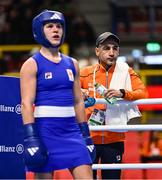 9 March 2024; Chelsey Heijnen of Netherlands, left, with Netherlands coach Waleed Shekho during their Women's 60kg Semi-finals bout against Miroslava Jedinakova of Slovakia during day seven at the Paris 2024 Olympic Boxing Qualification Tournament at E-Work Arena in Busto Arsizio, Italy. Photo by Ben McShane/Sportsfile