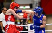 9 March 2024; Miroslava Jedinakova of Slovakia, left, in action against Chelsey Heijnen of Netherlands during their Women's 60kg semi-finals bout during day seven at the Paris 2024 Olympic Boxing Qualification Tournament at E-Work Arena in Busto Arsizio, Italy. Photo by Ben McShane/Sportsfile