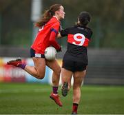 9 March 2024; Aoife McTaggart of MTU Cork in action against Molly Comerford of UCC during the 2024 Ladies HEC Lynch Cup final match between Munster Technological University Cork and University College Cork at MTU Cork. Photo by Brendan Moran/Sportsfile