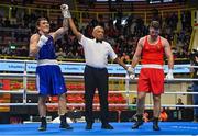 9 March 2024; Martin McDonagh of Ireland, right, reacts as Danis Latypov of Bahrain is declared victorious in their Men's 92+kg Round of 16 bout during day seven at the Paris 2024 Olympic Boxing Qualification Tournament at E-Work Arena in Busto Arsizio, Italy. Photo by Ben McShane/Sportsfile