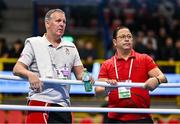 9 March 2024; Bahrain coaches Anthony Davis, left, and Fathi Missaoui during day seven at the Paris 2024 Olympic Boxing Qualification Tournament at E-Work Arena in Busto Arsizio, Italy. Photo by Ben McShane/Sportsfile