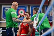9 March 2024; Martin McDonagh of Ireland with Ireland coaches Damian Kennedy, left, and Zaur Antia during their Men's 92+kg Round of 16 bout against Danis Latypov of Bahrain during day seven at the Paris 2024 Olympic Boxing Qualification Tournament at E-Work Arena in Busto Arsizio, Italy. Photo by Ben McShane/Sportsfile