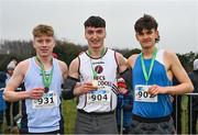 9 March 2024; Senior boys 6000m medallists Cormac Dixon of Holy Family Community School Rathcoole, Dublin, centre, gold, Noah Harris of ETSS Wicklow, right, silver, and Sean Lawton of Colaiste Pobail Bantry, Cork, left, bronze, during the 123.ie All Ireland Schools Cross Country Championships at Tymon Park in Tallaght, Dublin. Photo by Sam Barnes/Sportsfile