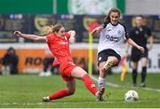 9 March 2024; Jodie Loughrey of Shelbourne is tackled by Maggie Pierce of Shelbourne during the SSE Airtricity Women's Premier Division match between Shelbourne and Sligo Rovers at Tolka Park in Dublin. Photo by Shauna Clinton/Sportsfile