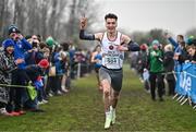 9 March 2024; Cormac Dixon of Holy Family Community School Rathcoole, Dublin, celebrates winning the senior boys 6000m during the 123.ie All Ireland Schools Cross Country Championships at Tymon Park in Tallaght, Dublin. Photo by Sam Barnes/Sportsfile