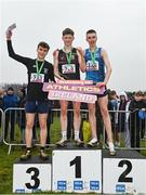 9 March 2024; Inter boys 5000m medallists, Odhran McBrearty of St Columbas Stranorlar, Donegal, centre, gold, Leo Murray of Douglas CS, Cork, right, silver, and Declan O'Connell of Clarin College Athenry, Galway, left, bronze, during the 123.ie All Ireland Schools Cross Country Championships at Tymon Park in Tallaght, Dublin. Photo by Sam Barnes/Sportsfile
