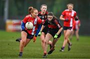 9 March 2024; Orlaith Cahalane of MTU Cork in action against Jessica Gill of UCC during the 2024 Ladies HEC Lynch Cup final match between Munster Technological University Cork and University College Cork at MTU Cork. Photo by Brendan Moran/Sportsfile