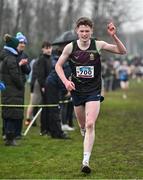 9 March 2024; Odhran McBrearty of St Columbas Stranorlar, Donegal, celebrates winning the inter boys 5000m during the 123.ie All Ireland Schools Cross Country Championships at Tymon Park in Tallaght, Dublin. Photo by Sam Barnes/Sportsfile