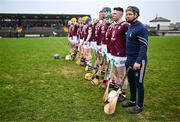 9 March 2024; Westmeath goalkeeper Noel Conaty with his team-mates for the playing of Amhrán na bhFiann before the Allianz Hurling League Division 1 Group B match between Westmeath and Antrim at TEG Cusack Park in Mullingar, Westmeath. Photo by Piaras Ó Mídheach/Sportsfile