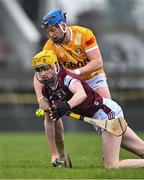 9 March 2024; David O'Reilly of Westmeath in action against Enda Óg McGarry of Antrim during the Allianz Hurling League Division 1 Group B match between Westmeath and Antrim at TEG Cusack Park in Mullingar, Westmeath. Photo by Piaras Ó Mídheach/Sportsfile