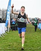 9 March 2024; Charlie O'Neill of Belvedere College, Dublin, celebrates winning the junior boys 3500m during the 123.ie All Ireland Schools Cross Country Championships at Tymon Park in Tallaght, Dublin. Photo by Sam Barnes/Sportsfile