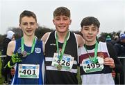 9 March 2024; Junior boys 3500m medallists, Charlie O'Neill of Belvedere College, Dublin, centre, gold, Evan Tosh of Belfast Royal Academy, right, silver, and Ciarán Considine of Seamount College Kinvara, Galway, left, bronze, during the 123.ie All Ireland Schools Cross Country Championships at Tymon Park in Tallaght, Dublin. Photo by Sam Barnes/Sportsfile