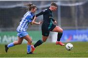 9 March 2024; Jaime Thompson of Shamrock Rovers in action against Taylor White of DLR Waves during the SSE Airtricity Women's Premier Division match between DLR Waves and Shamrock Rovers at UCD Bowl in Belfield, Dublin. Photo by Tyler Miller/Sportsfile