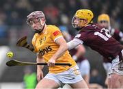 9 March 2024; Eoghan Campbell of Antrim in action against Owen McCabe of Westmeath during the Allianz Hurling League Division 1 Group B match between Westmeath and Antrim at TEG Cusack Park in Mullingar, Westmeath. Photo by Piaras Ó Mídheach/Sportsfile