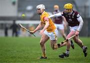 9 March 2024; Rory McCloskey of Antrim in action against Owen McCabe of Westmeath during the Allianz Hurling League Division 1 Group B match between Westmeath and Antrim at TEG Cusack Park in Mullingar, Westmeath. Photo by Piaras Ó Mídheach/Sportsfile